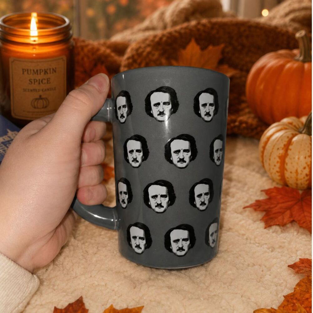 Out of Print Edgar Allan Poe-ka Dots Grey Ceramic Bookish Gothic Dark Poet Mug